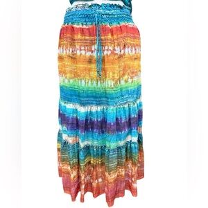 Reba Tie Dye Boho Hippie Festival Tiered Long  Drawstring Waist Skirt